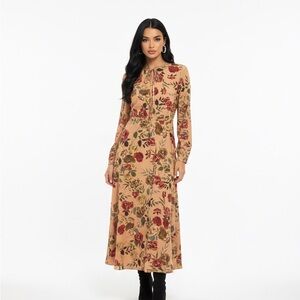 Alexia Admor Floral Long Sleeve Dress in Tan and Red